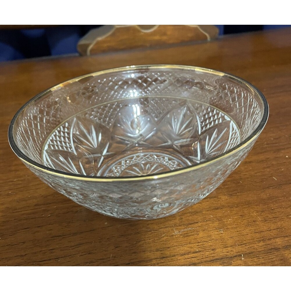 J.G. Duranc Cristal D'Arquest "Antique" Pattern Glass Bowl with Gold Rim